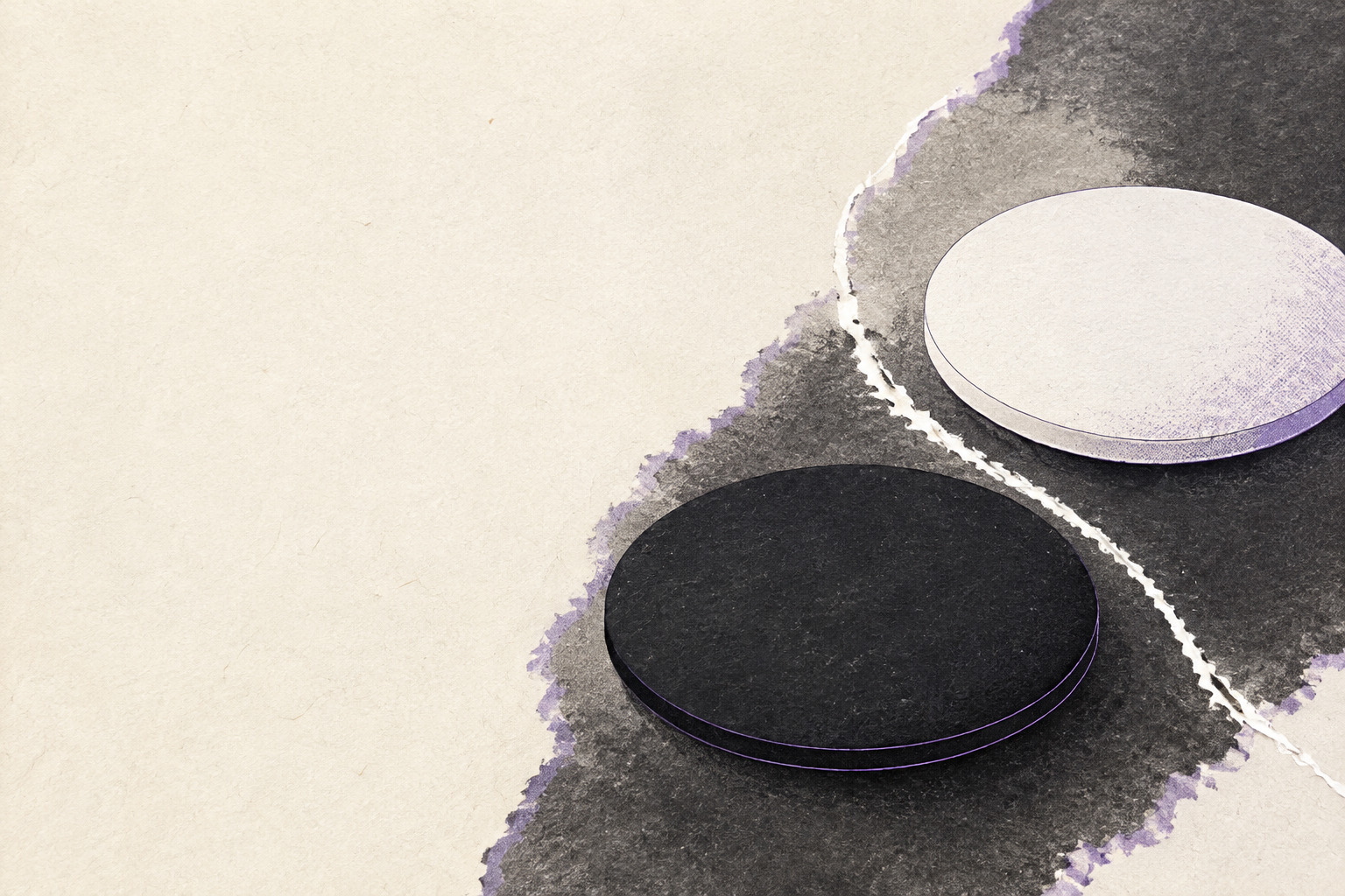 Black and white Go stones rendered in cut paper and ink, with a narrow white boundary between them.